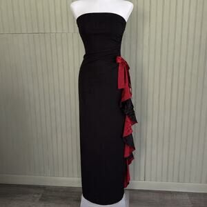 Vtg Y2K Black Red Ruffle Strapless Maxi Dress Fairy Grunge Prom Goth Vamp Small